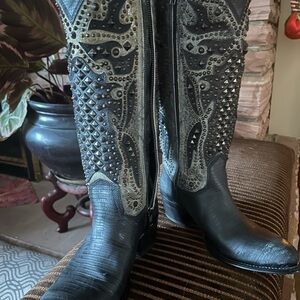 Frye Black and Silver Studded Heeled Boots